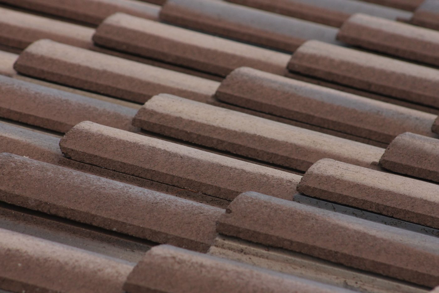Close-up of clay roof tiles laid across a pitched roof